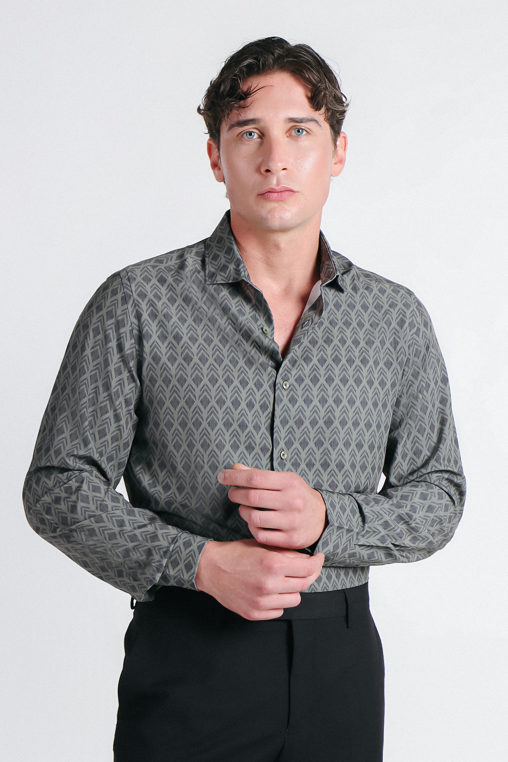 CAMICIA FANTASIA STRETCH VERDE MILITARE - Image 3