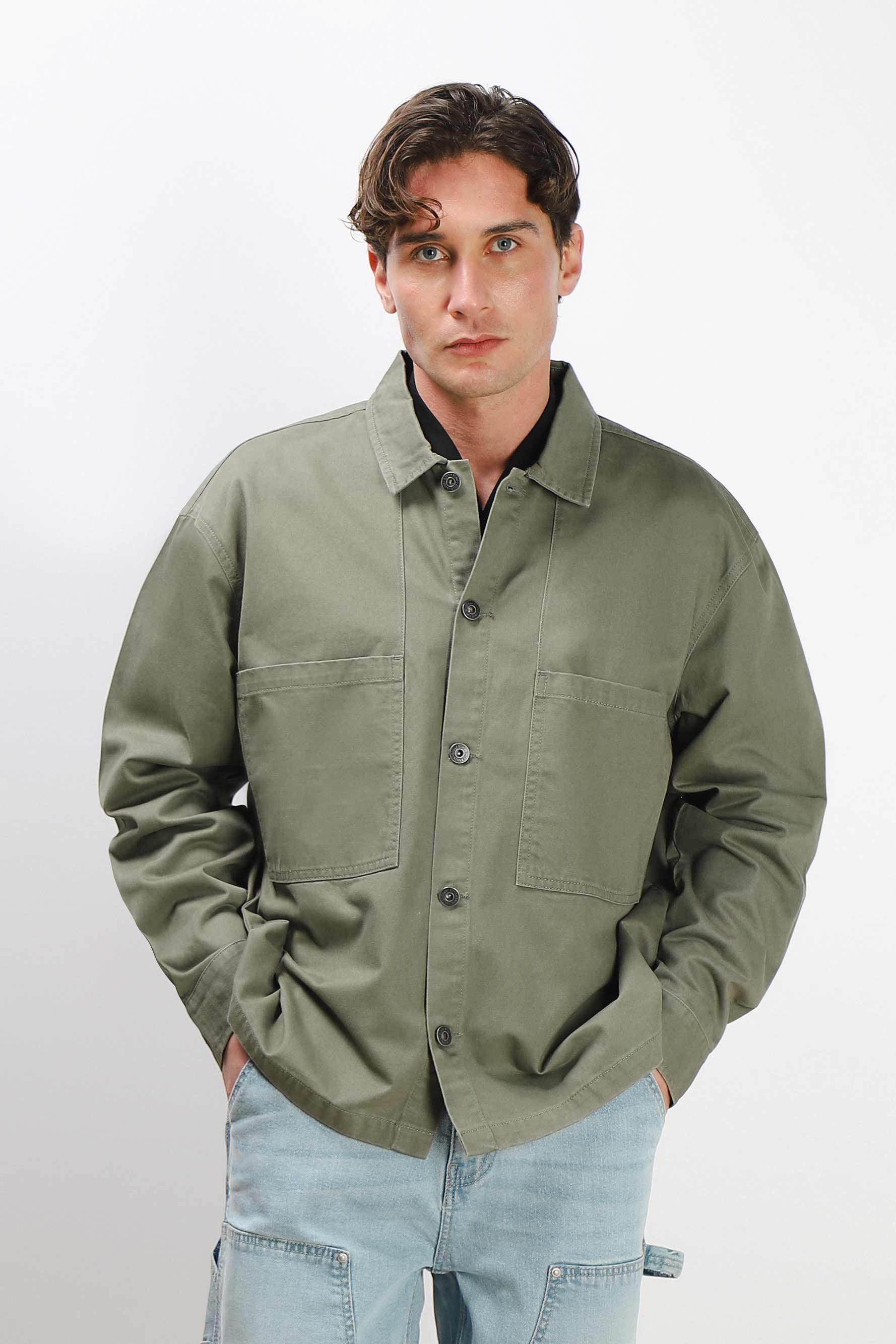 OVERSHIRT IN COTONE DOPPIA TASCA FRONTALE VERDE MILITARE - Image 3