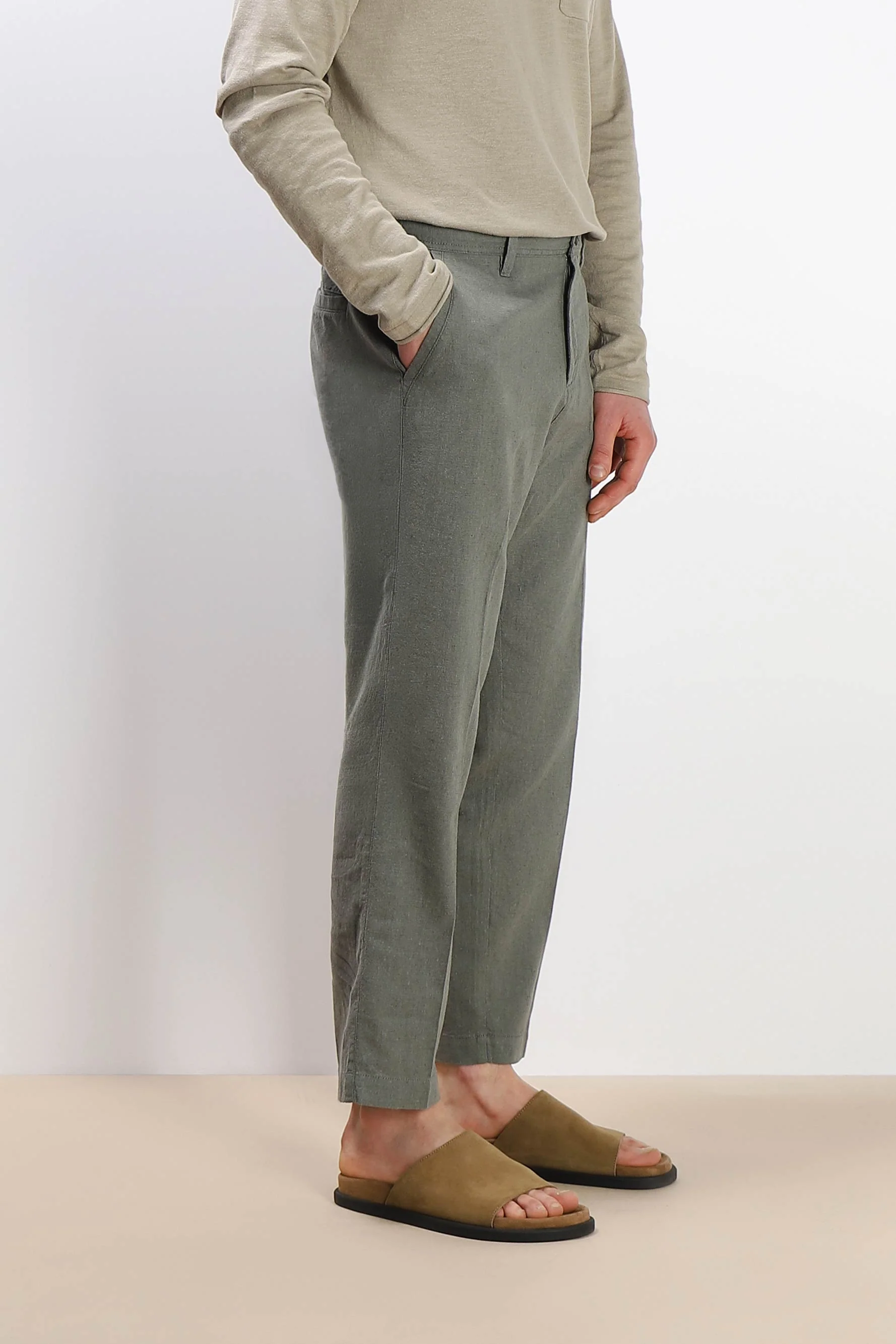 PANTALONE MISTO LINO CON COULISSE VERDE MILITARE - Image 3
