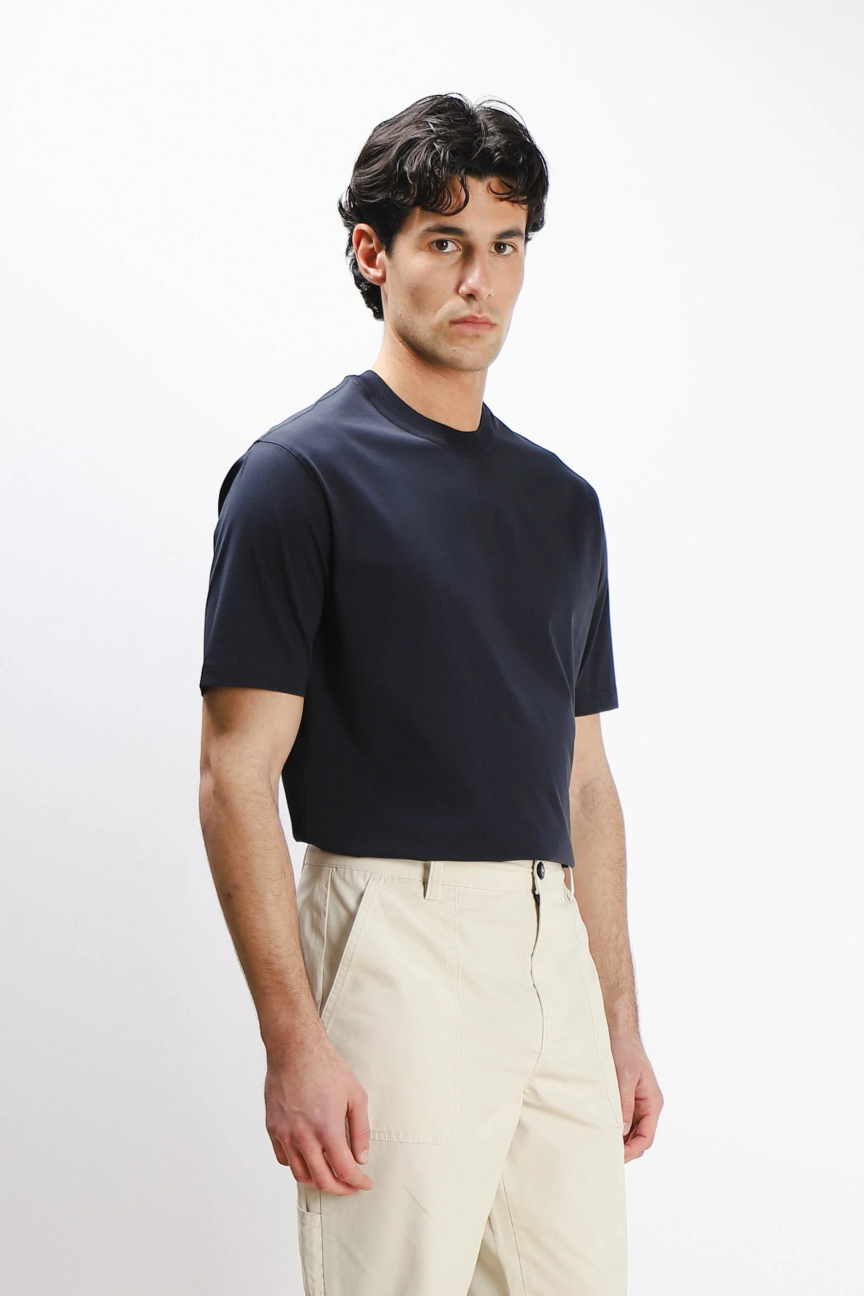 T-SHIRT GIROCOLLO STRETCH CON COLLO A COSTINE BLEU - Image 3